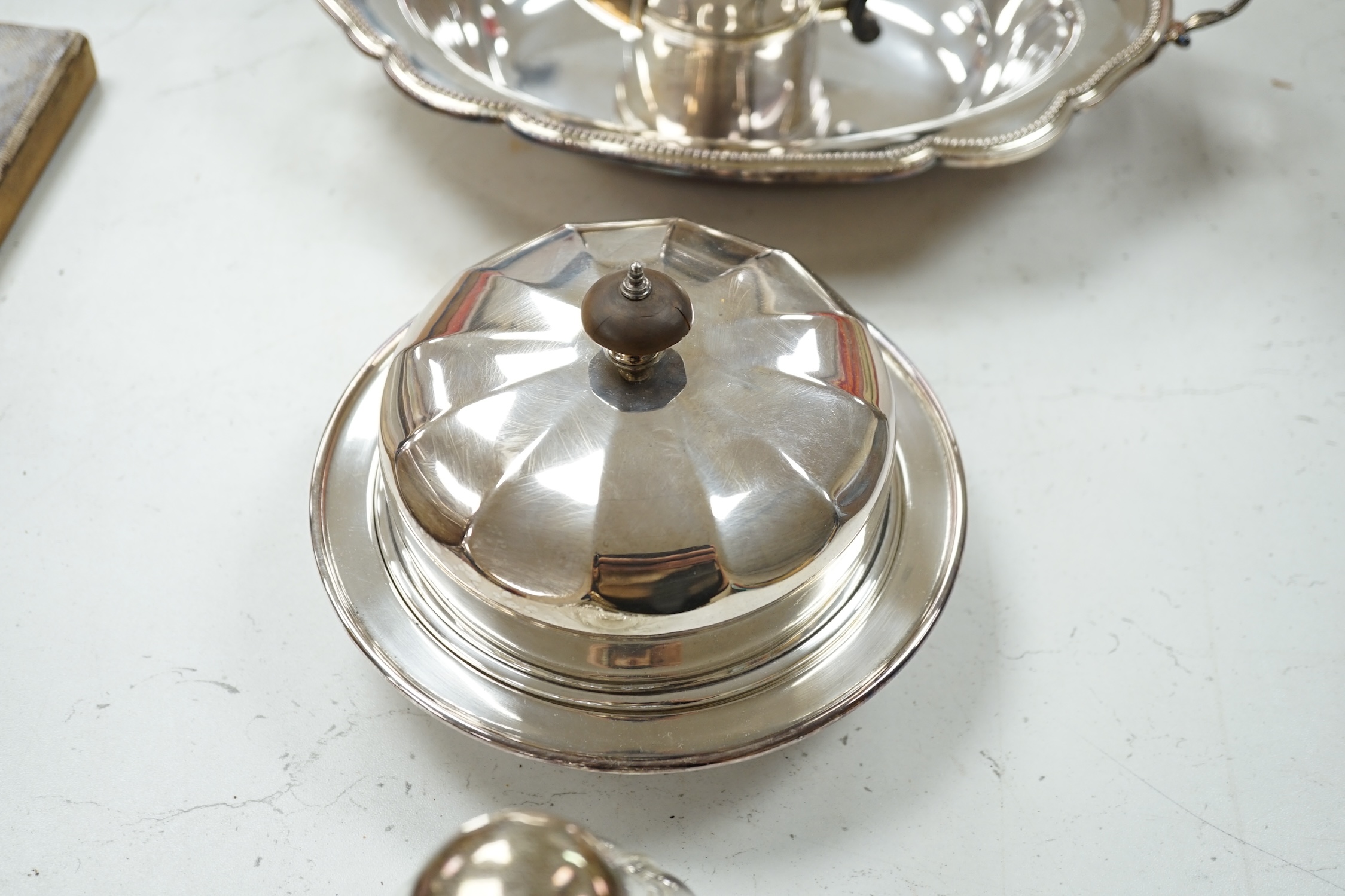 A silver mounted perfume bottle and quantity of plate. Condition - fair to good